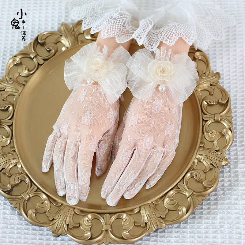 Xiaogui~Lace Bowknot Flower Vintage Lolita Gloves free size ivory flower 