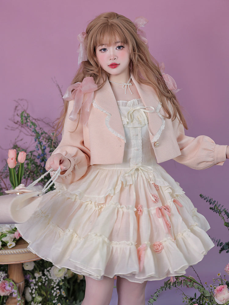 Yingtang~Plus Size Lolita Dress Off White Ballet Summer Suit L pink coat 