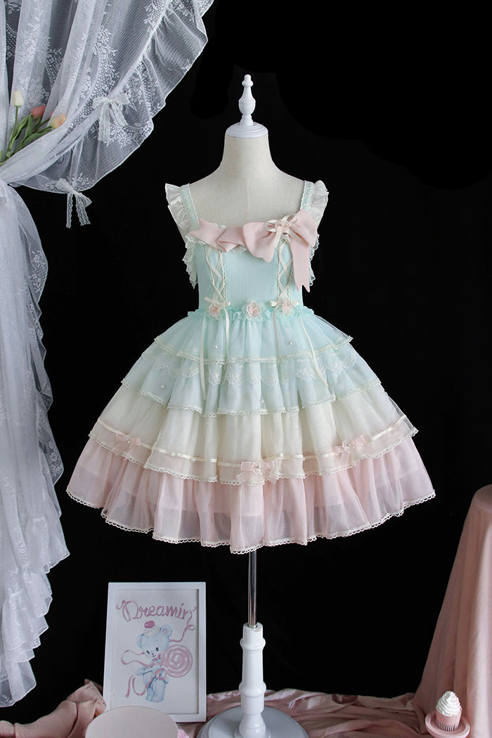 (BuyForMe) Alice Girl~Rainbow Tiered Sweet Lolita JSK Dress XS blue JSK 