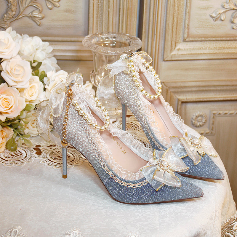 One Night~Wedding Lolita High Heels Shoes 34 gradient blue+gold(thin heel 9.5cm) 