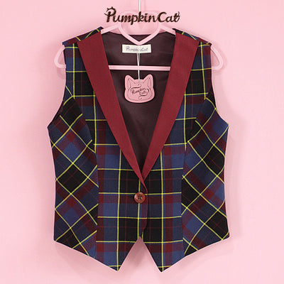 Pumpkin Cat~Autumn Map~JK Fashion Plaid Jacket Vest Suit S navy blue vest 