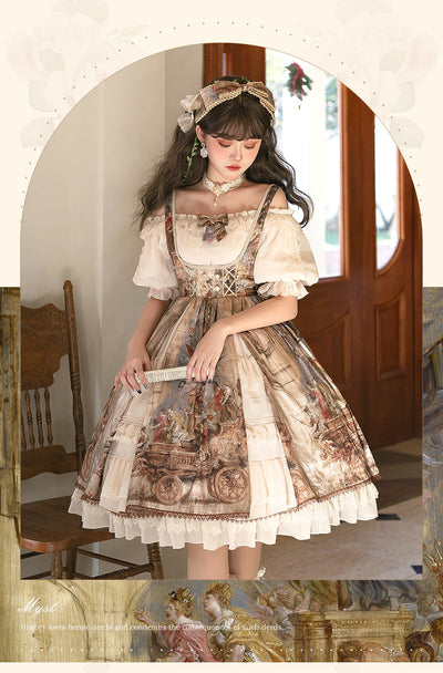 YingLuoFu~Cloria~ Classic Oil Paiting Print Lolita JSK S full set（JSK+inner wear blouse+headband+choker） 