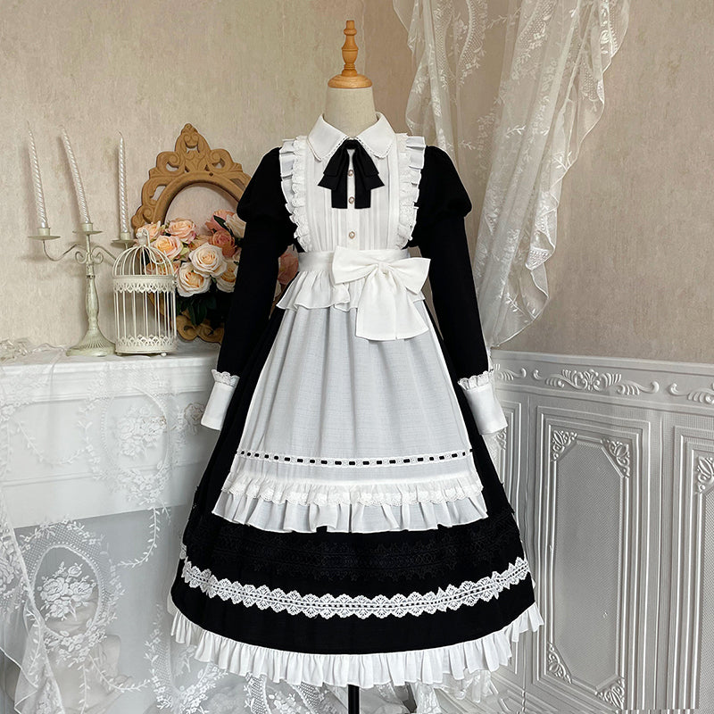 Your Princess~Maid Lolita Puff Sleeve Black Dress S black long sleeve dress+apron 