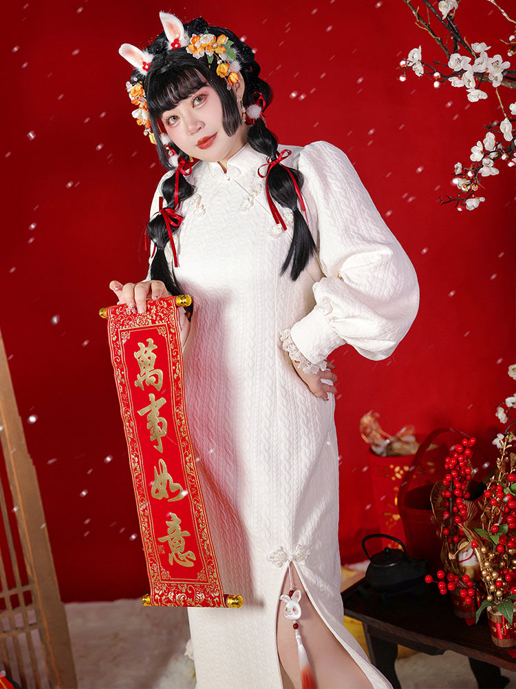 Yingtang~Plus Size Han Lolita Winter Rabbit Cheongsam Set XL white knitted cheongsam 