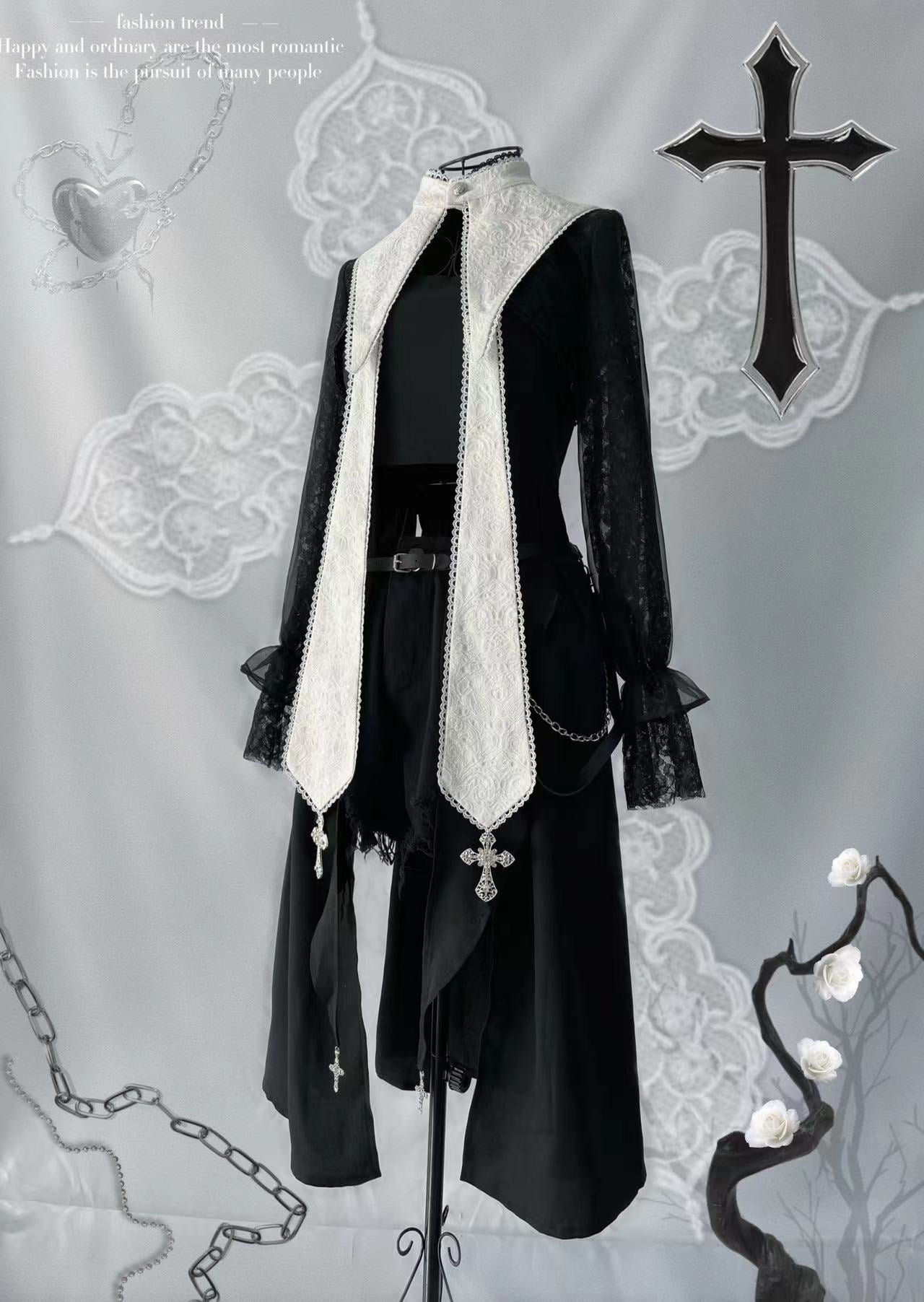 Your Highness~Nun Lolita Gothic OP Dress Full Set XS full set (irregular JSK) 