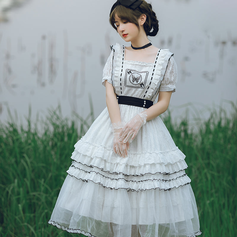 With Puji~Dusk Butterfly～Lolita Embroidered White OP Dress S dusk butterfly OP+bowknot 
