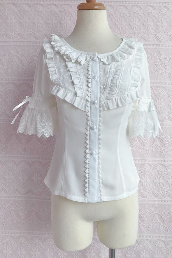 Yilia - Summer Short Sleeve Chiffon Lolita Blouse XS white
