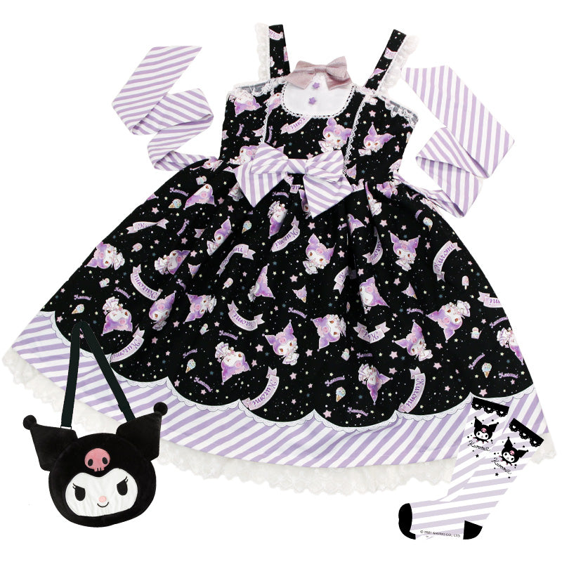 Confession Ballon~Sanrio Pudding Dog Print Kawaii Lolita Jumper Dress S Kuromi JSK (black) free gift bag+socks 