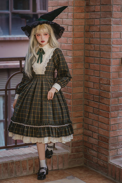 Miss Point~Rose Silhouette 3.0~Plaid Vintage Classic Lolita OP XS dark green plaid 