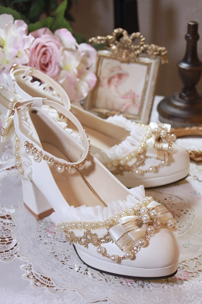 One Night~Handmade White Wedding Lolita Heel Shoes   