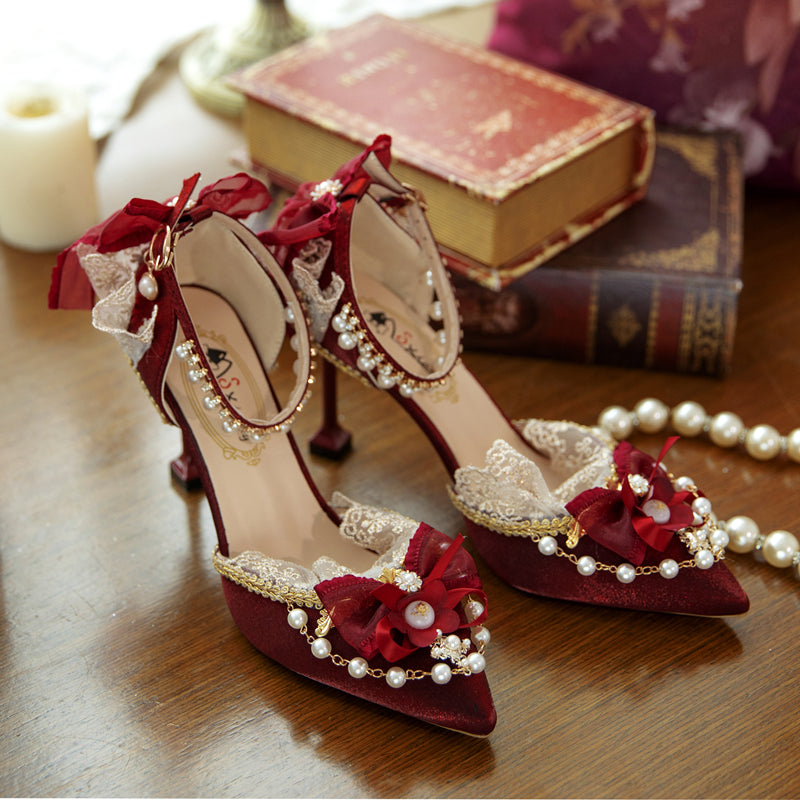 One Night - Pointy Toe Wedding Bride Lolita Heels 34 burgundy