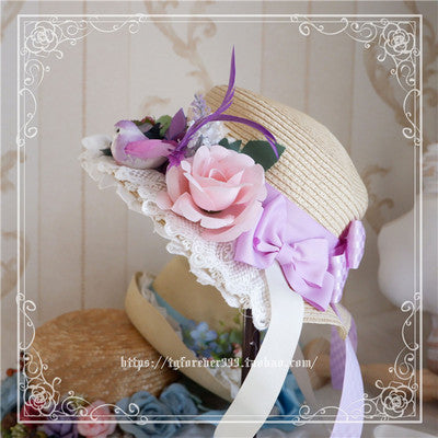 Fox Cherry~Sweet Lolita Bow Straw Hat M（56-58 cm/22-22.8 inches） bird lace baby hat 
