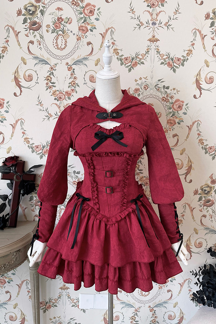 Alice Girl~Gothic Lolita Jumper Dress~The Hunter JSK Multicolor XS burgundy (bolero+JSK with black bow) 