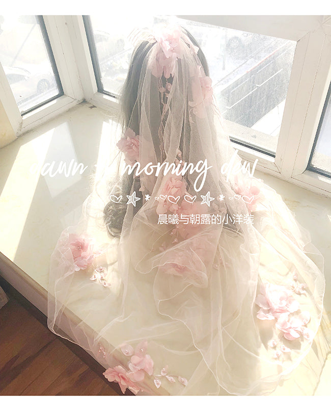(Buyforme)Dawn and Morning~Flower Wedding Lolita Accessories Headdress Set veil pink + golden 