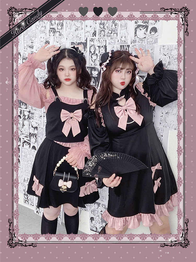 Yingtang~Plus Size Lolita Black Pink Cheongsam Dress Set 8218:104862