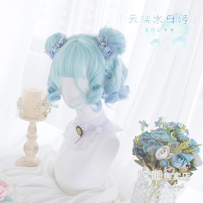 Hengji~Blue Green Gradient Color 26cm Short Curly Lolita Wig cloud jellyfish  