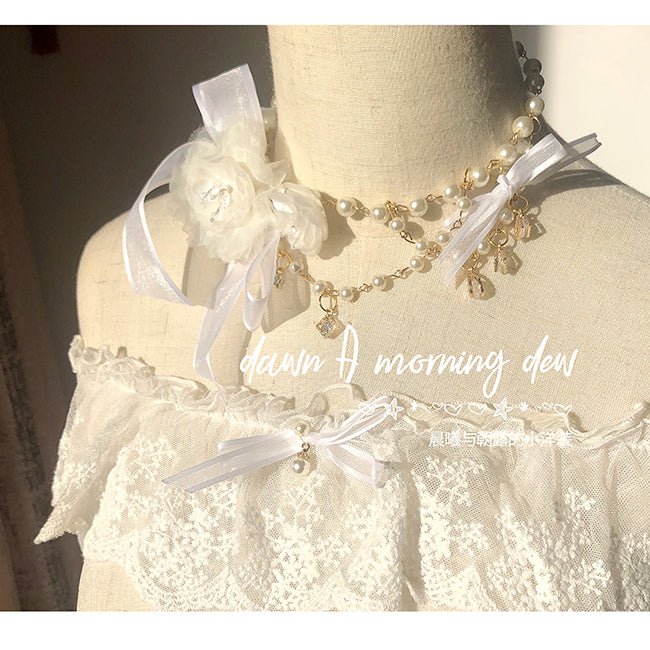 (Buyforme)Dawn and Morning~Flower Wedding Lolita Accessories Headdress Set waist chain white + golden 
