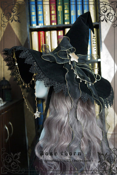 Rose Thorn~Twinkle Yarn Lolita Halloween Witch Hat black bow ribbon hat (without the veil and star chain)  