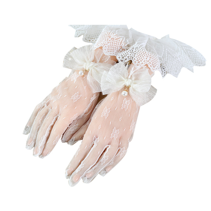 Xiaogui~Lace Bowknot Flower Vintage Lolita Gloves   