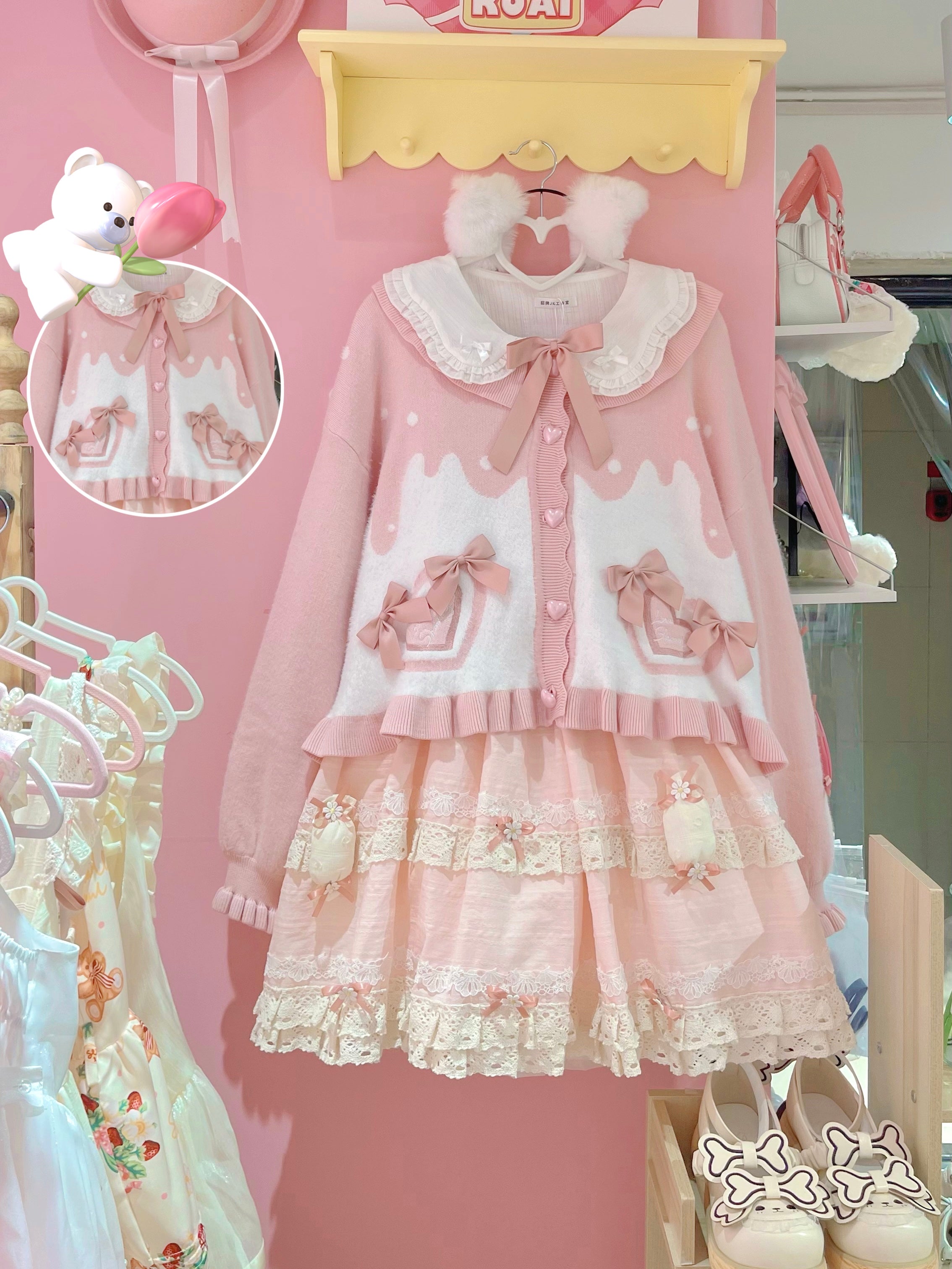 MIST - Beating Heart - Sweet Lolita Thick Sweater Coat Puff Sleeve L pink