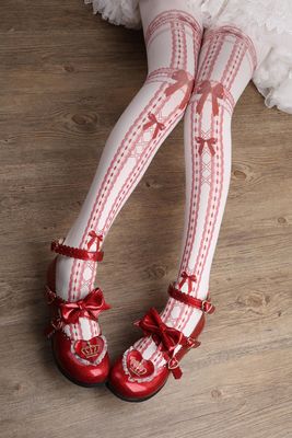 Red Maria~Sweet Ribbon Velvet Lolita Tights free size white background with red 