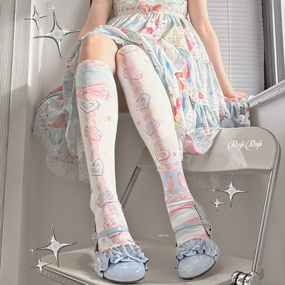Roji roji~Macaron Printed Lolita Knee Stockings free size blue&pink 