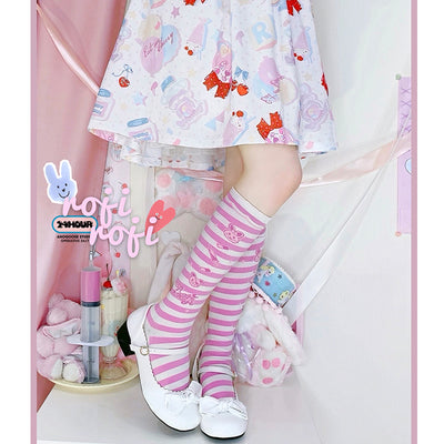 Roji roji~Striped Kawaii Lolita Calf Socks Multicolors free size pink-white stripe 