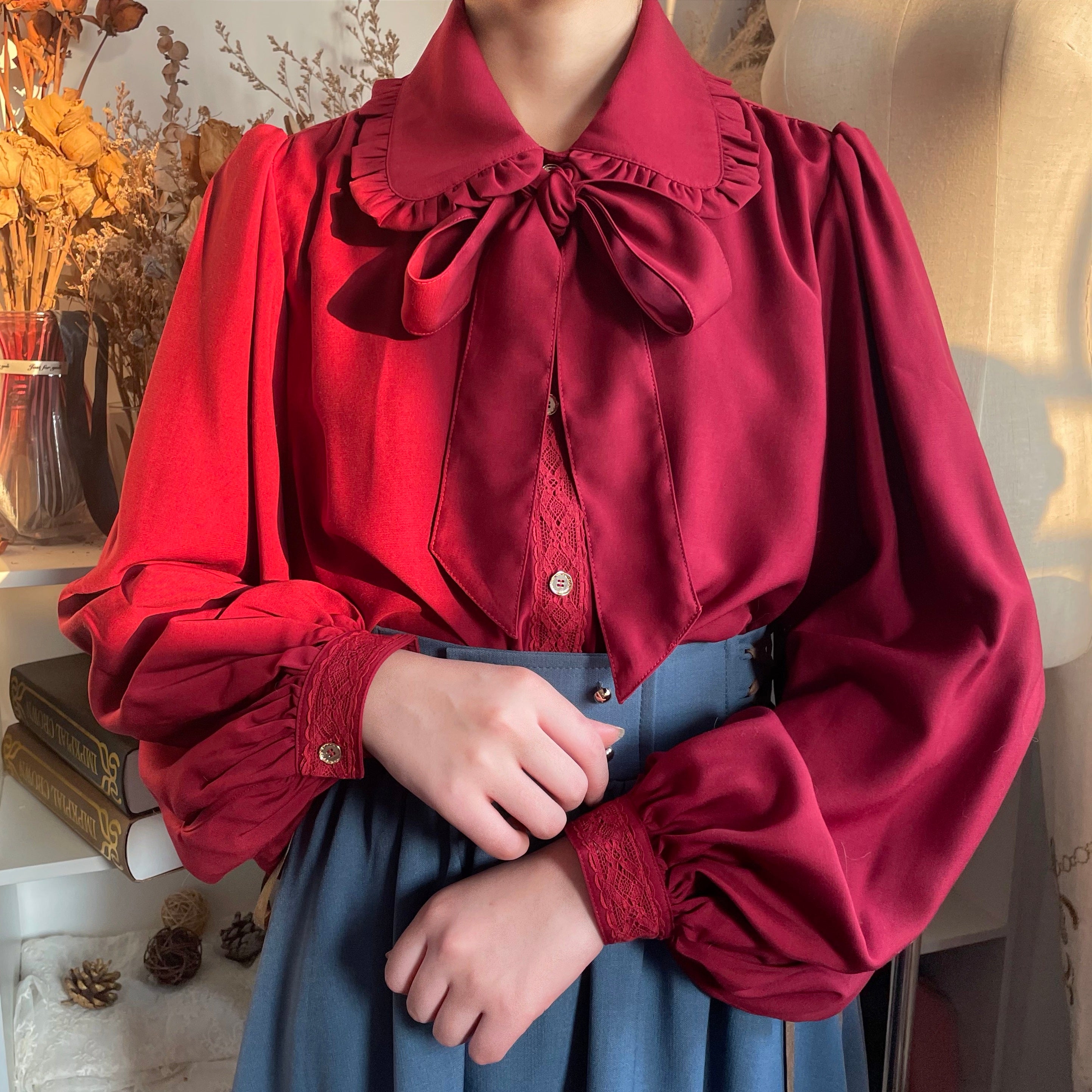 YuanSu - Mayer's Whisper - Vintage Lolita Large Sleeve Blouse S Burgundy (purplish red)