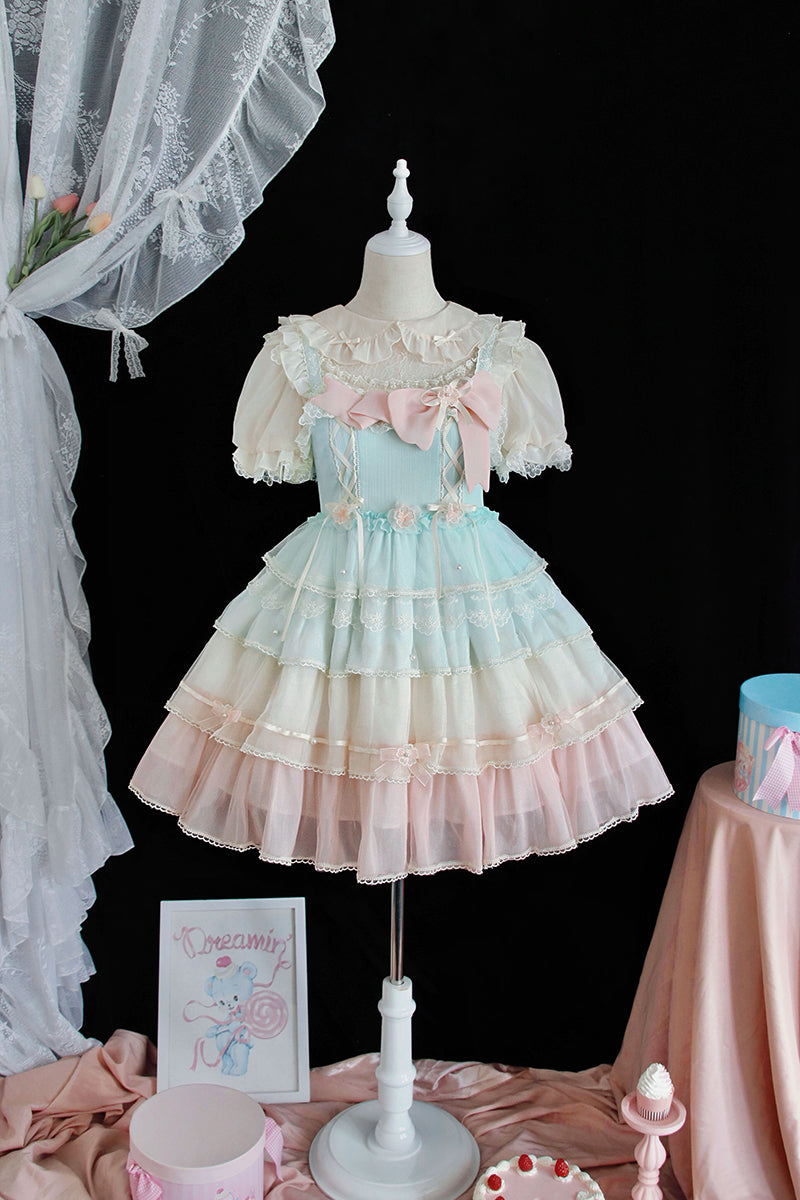 (BuyForMe) Alice Girl~Rainbow Tiered Sweet Lolita JSK Dress XS blue JSK+blouse 