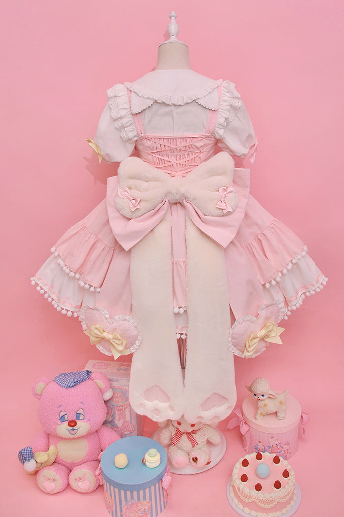 Alice Girl~Kawaii Lolita JSK Dress~Candy Cat Jumper Skirt XS pink-white（JSK+back bow+tail） 