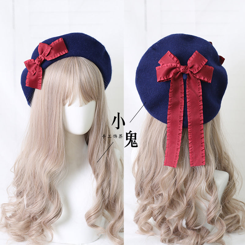Xiaogui - Sweet Bow Multicolors Lolita Wool Beret M（56-58cm） dark blue hat with dar red bows