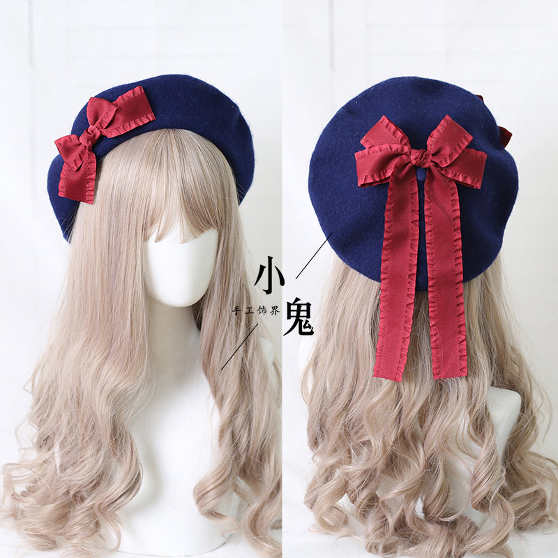 (BuyForMe) Xiaogui~Sweet Bow Multicolors Lolita Wool Beret M（56-58cm） dark blue hat with dar red bows 