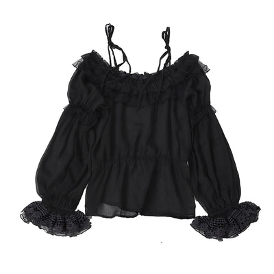 Balladeer~Open Shoulder Puff Sleeve Lolita Blouse S without lining black