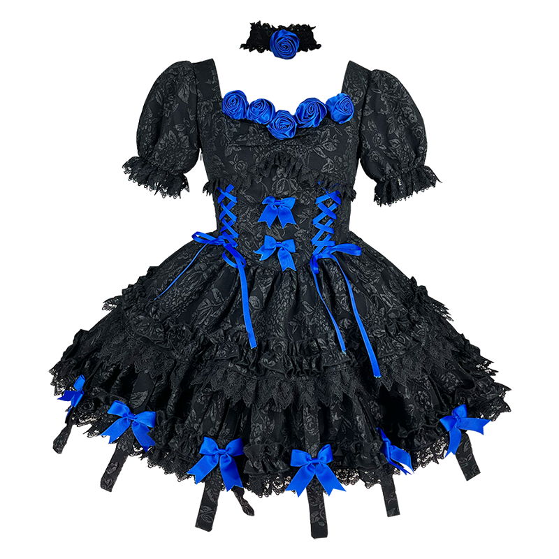 (Buy for me) Diamond Honey~Gothic Lolita Magnificent OP S black+blue roses(with hime sleeves) 