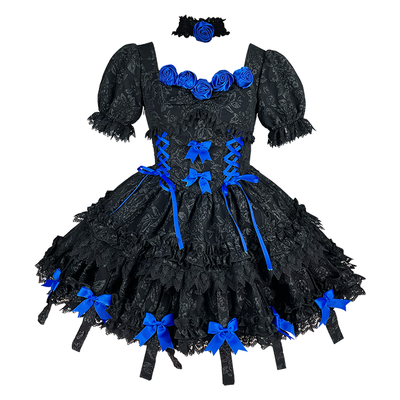 (Buy for me) Diamond Honey~Gothic Lolita Magnificent OP S black+blue roses(with hime sleeves) 