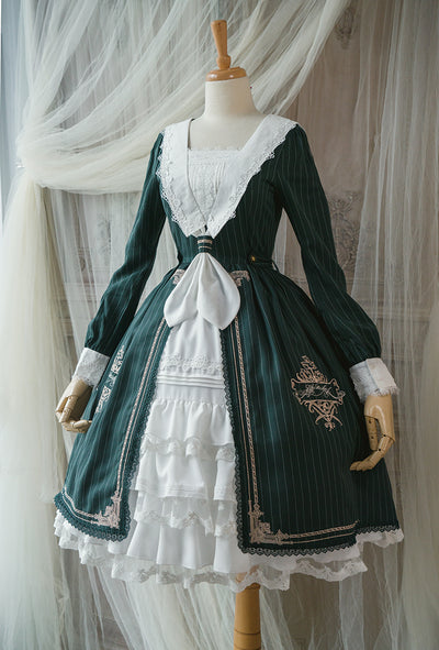 Surface Spell~Unfinished Book~Academy Sailor Collar Embroidery OP S dark green with stripes 