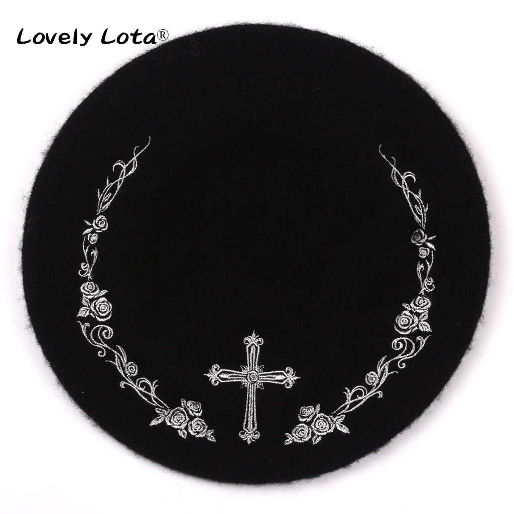 LovelyLota～Rose Cross～Rose Embroidery Wool Lolita Hat   