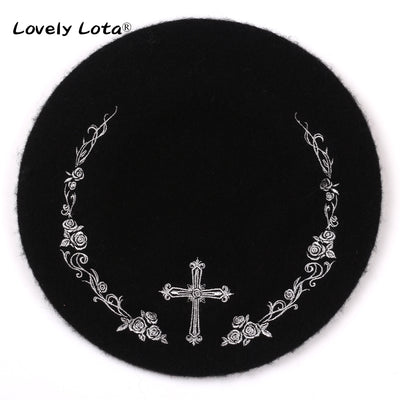 LovelyLota～Rose Cross～Rose Embroidery Wool Lolita Hat   