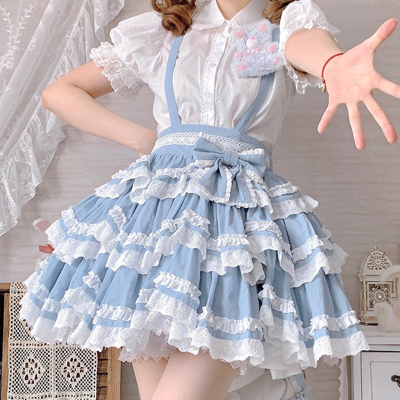 With PUJI~Summer Fresh Multicolors Tiered Lolita Skirt S sky blue 