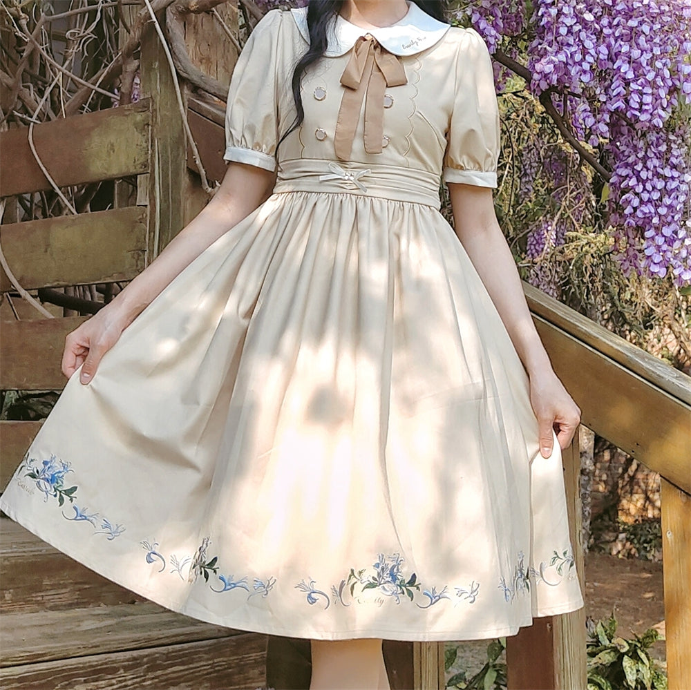 EESSILY~The Spring of Champs Elysees~Elegant Lolita Floral Embroidered OP S short sleeve beige-apricot 