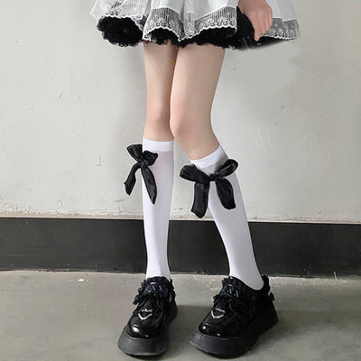 Night Study Room~Multicolors Bow JK Style Kawaii Lolita Stockings freesize black bow + white stocking 