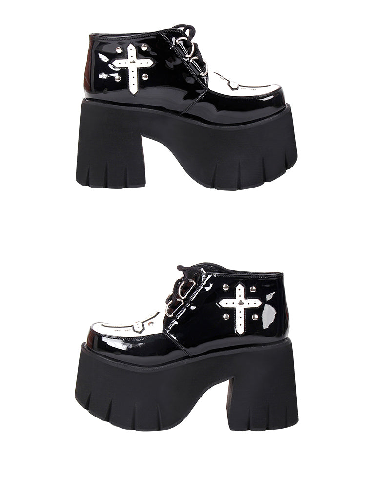 Angelic Imprint~Gothic Lolita Cross Classic Platform Shoes 33 black+white patent leather 