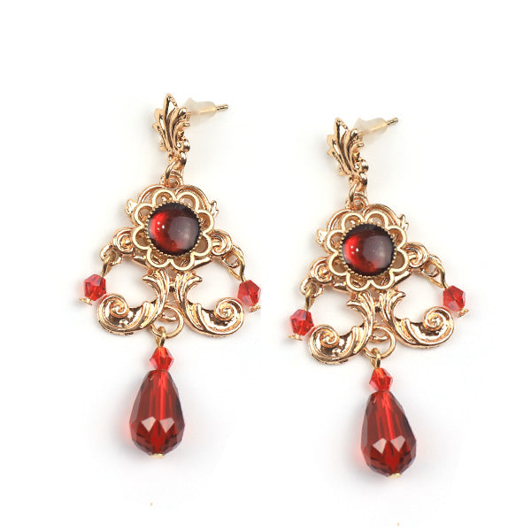 Rose of Sharon - French Lolita Baroque Vintage Pearl Earrings dark red epoxy+crystal ear studs