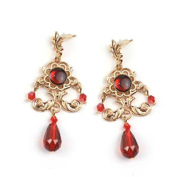 Rose of Sharon~French Lolita Baroque Vintage Pearl Earrings dark red epoxy+crystal ear studs  