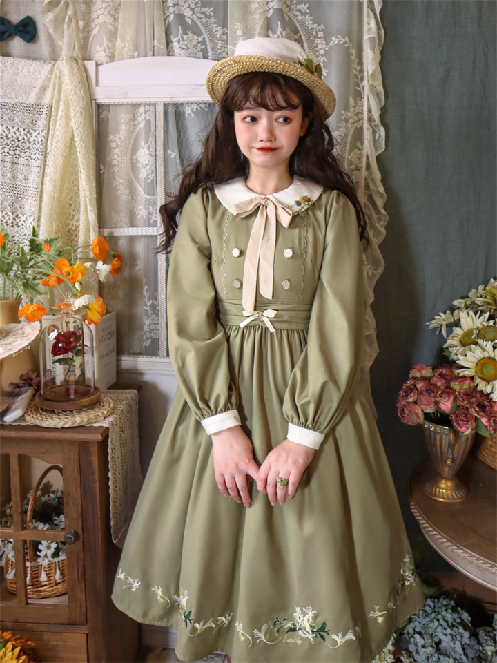 EESSILY~The Spring of Champs Elysees~Elegant Lolita Floral Embroidered OP S long sleeve autumn intense green 