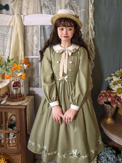 EESSILY~The Spring of Champs Elysees~Elegant Lolita Floral Embroidered OP S long sleeve autumn intense green 