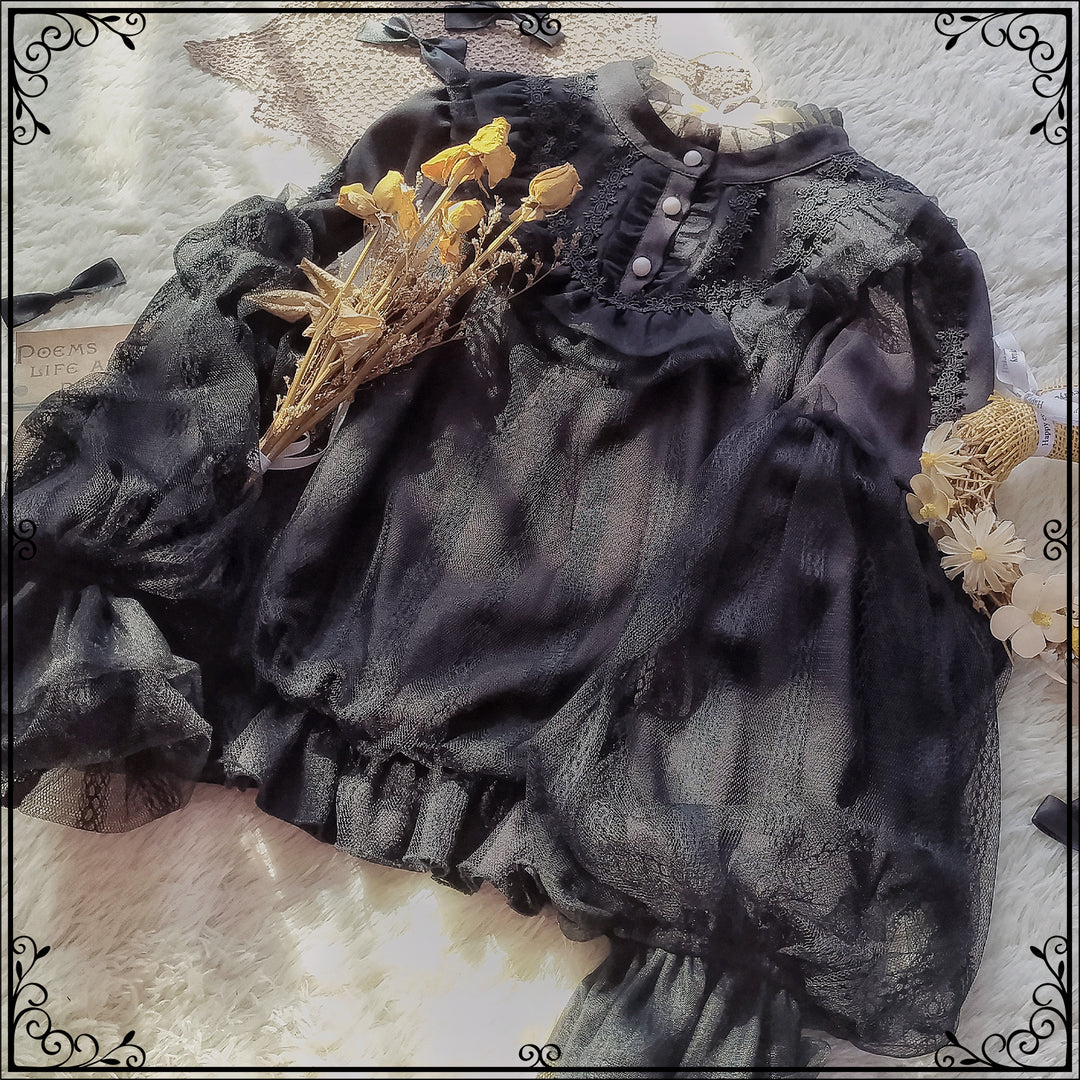 Sakurada Fawn~Alice's Cherry~Plus Size Lolita Shirt Chiffon Blouse 2XL black 