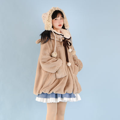 With Puji~Bear Coco Tea~Thick Lamb Wool Lolita Warm Coat M khaki 