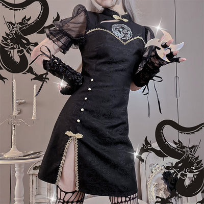 Letters from Unknown Star~Qi Lolita Modified Short Sleeve Cheongsam Dress M black 