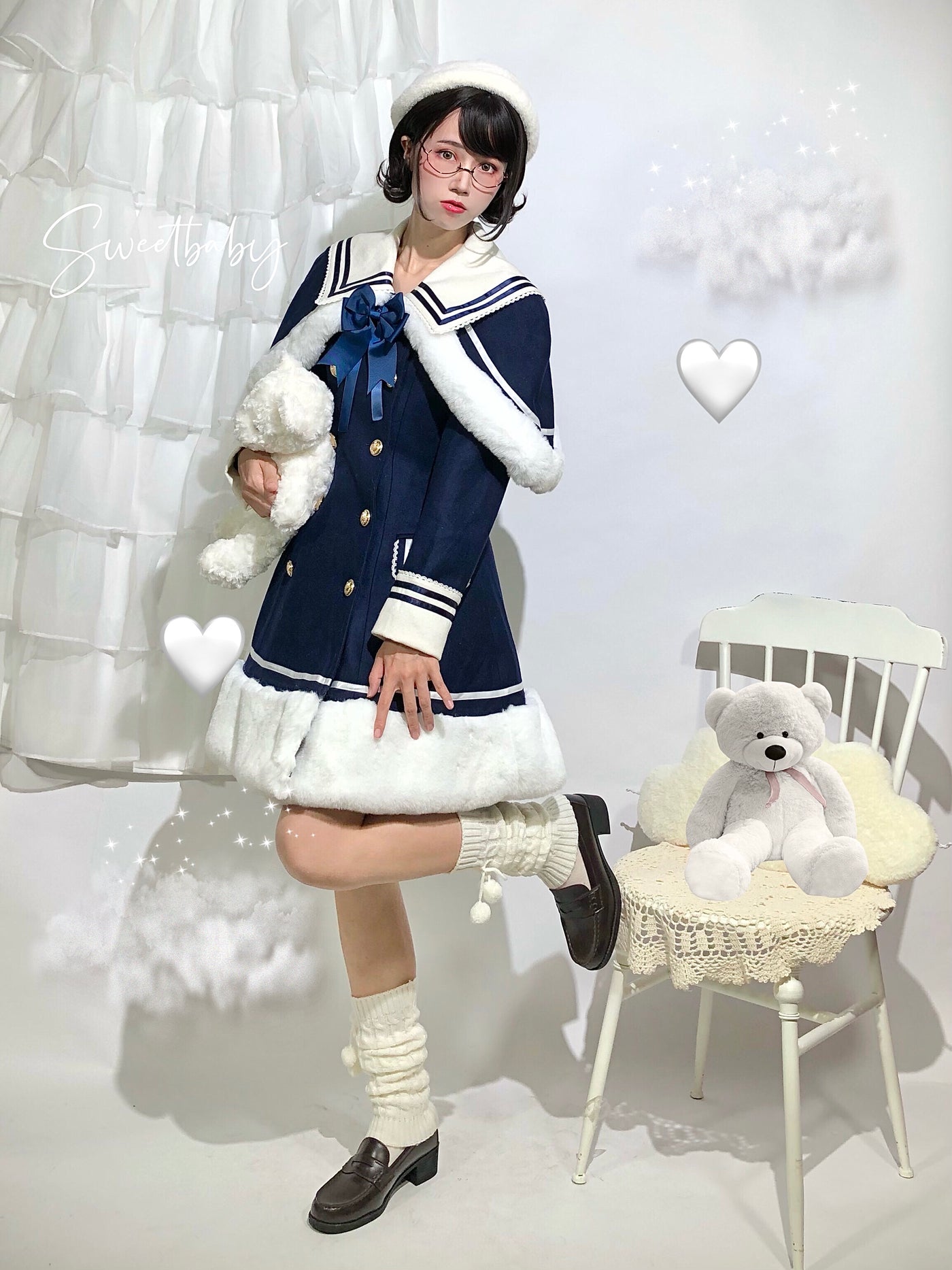 Strawberry Witch~ Sailor Style A-line Winter Coat XS navy blue(with a cape) 